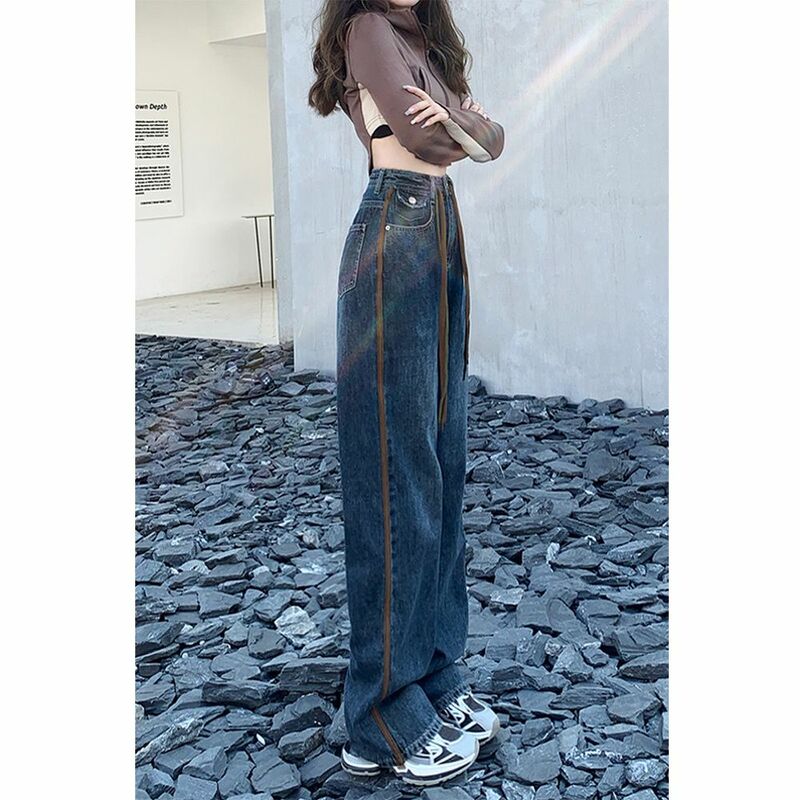 Celana Jeans Denim Wanita, Garis Terang Desain Dapat Diatur Pinggang Tinggi Lurus Celana Kaki Lebar Katun Elastis Tali Serut Longgar