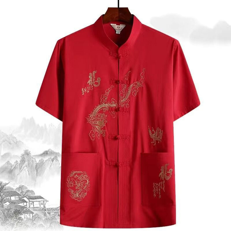 Camisa de manga corta para hombre, camisa con bordado de dragón, cuello mandarín, Kung Fu, ropa Tang tradicional