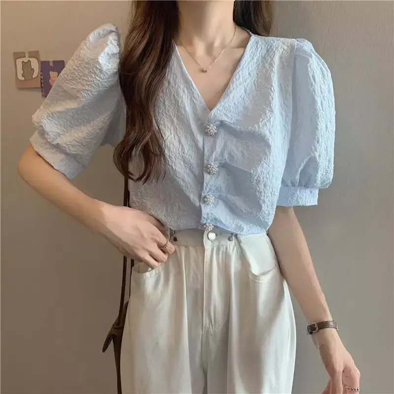 여성용 퍼프 슬리브 셔츠, 우아한 스위트 프레피 브이넥 블라우스, 단색 진주 버튼 쉬폰 셔츠, 한국 패션