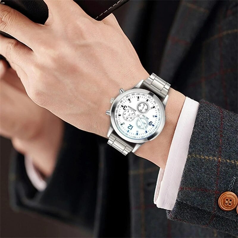 Jam tangan pria, jam tangan pria tali baja anti karat, jam tangan tiga mata, enam jarum, pakaian kasual bisnis, jam Quartz yang sesuai