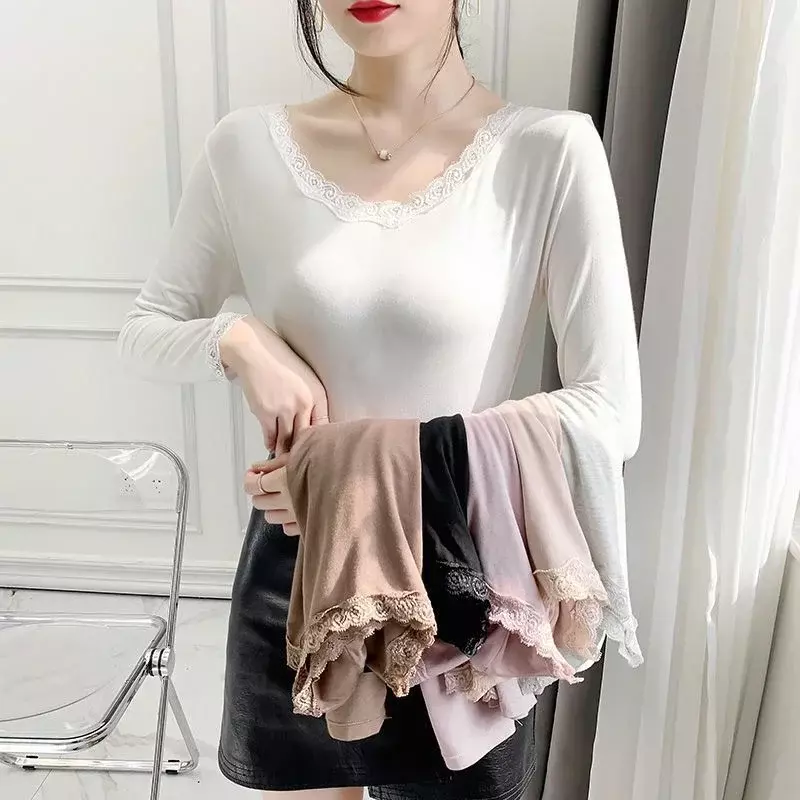Women Lace Patchwork Sleep Tops Sweet Leisure Korean Style Loose High Elasticity Breathable Long Sleeve Fit Cozy All-match Soft