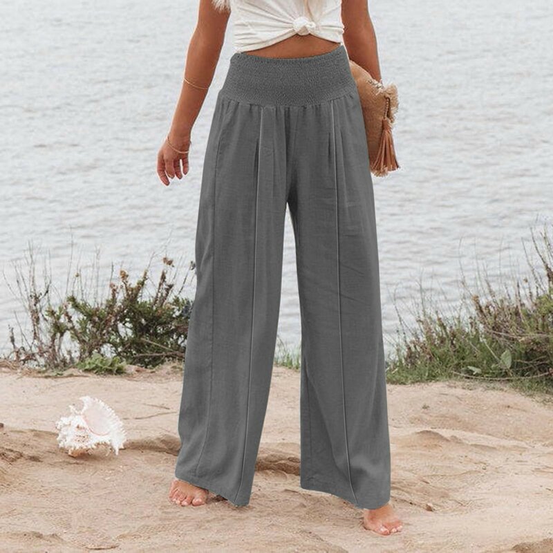 Pantalones largos de lino y algodón para mujer, pantalón holgado de cintura alta, fruncido, de pierna ancha con bolsillo, para la playa, primavera y verano