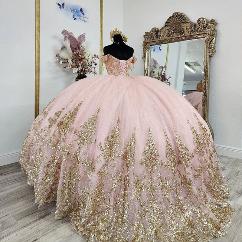 Rose Pink Princess Puffy Quinceanera Dresses Gillter Gold Applique Tassel Off Shoulder Lace-up Corset vestidos de graduación