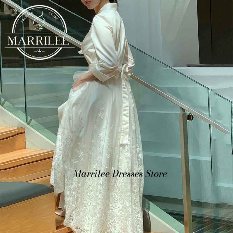 Modest A Line Weding Dress Bow Belt For Woman Soft Satin Half Sleeve Top Bride Dressing Gown Pleated Lace Bridal Dresses 2024