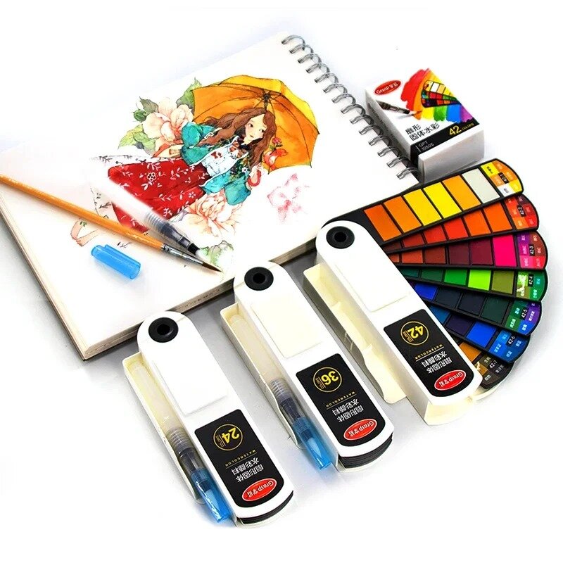 A18/24/36/42 Farben feste Aquarell farbe Set Aquarell palette Aquarell pigment mit Stift für Anfänger Malerei Kunst bedarf