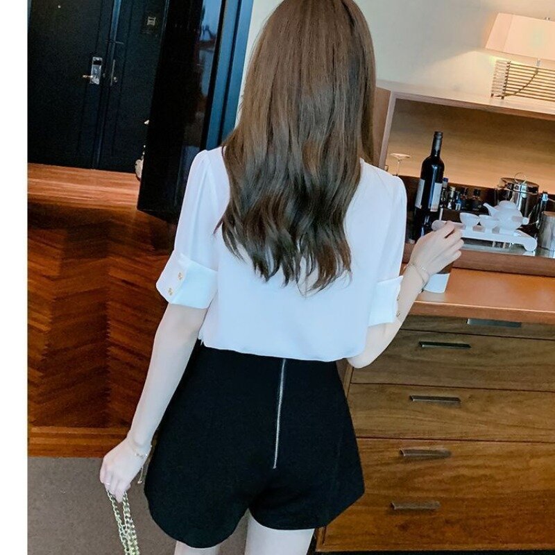 Fashion Lapel Short Sleeve Chiffon Blouses Women's Summer 2024 New Commuter Solid Color Spliced Pockets Single-breasted Shirts