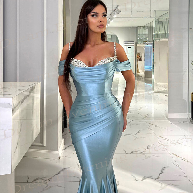 Elegante Céu Azul Sereia Vestidos de noite, Sexy Fora Do Ombro Prom Vestidos, Spaghetti Strap, frisado Custom Made