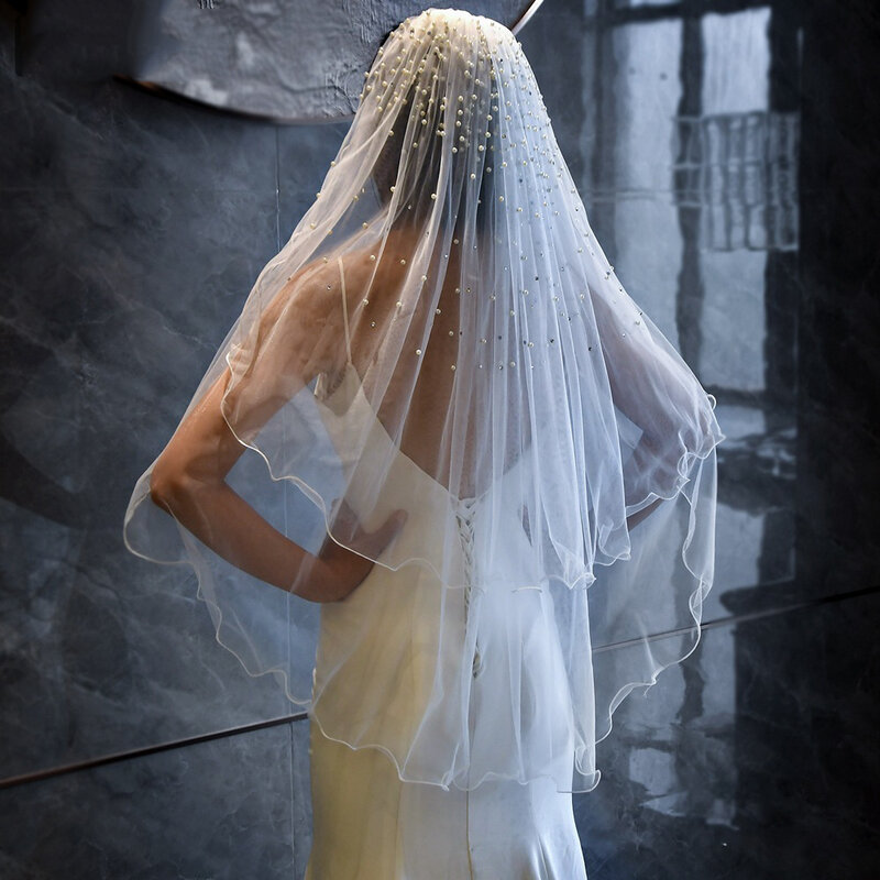 BL4002 Locked edge sparkling pearl rhinestone wedding veil