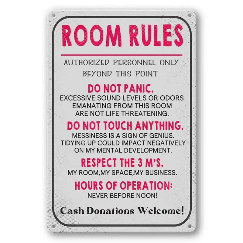 Regole della stanza segno adolescenti ragazze ragazzi camera da letto dormitorio da gioco decorazione della porta della parete in alluminio regole piatto regalo di compleanno