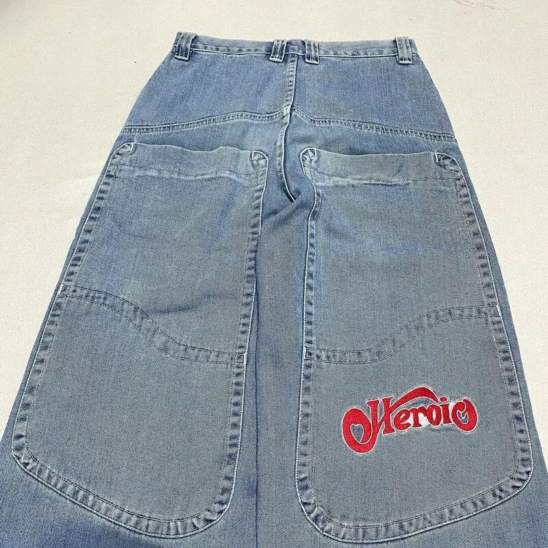 90's Summer JNCO Style Embroidered Letters Light Blue Jeans Men's Oversized Pocket Pants Harajuku Street Trend Loose Floor Pants