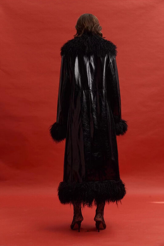 Longo casaco de couro preto brilhante para mulheres, faux fur trim, roupas de grife de luxo, moda europeia, primavera, outono, 2024