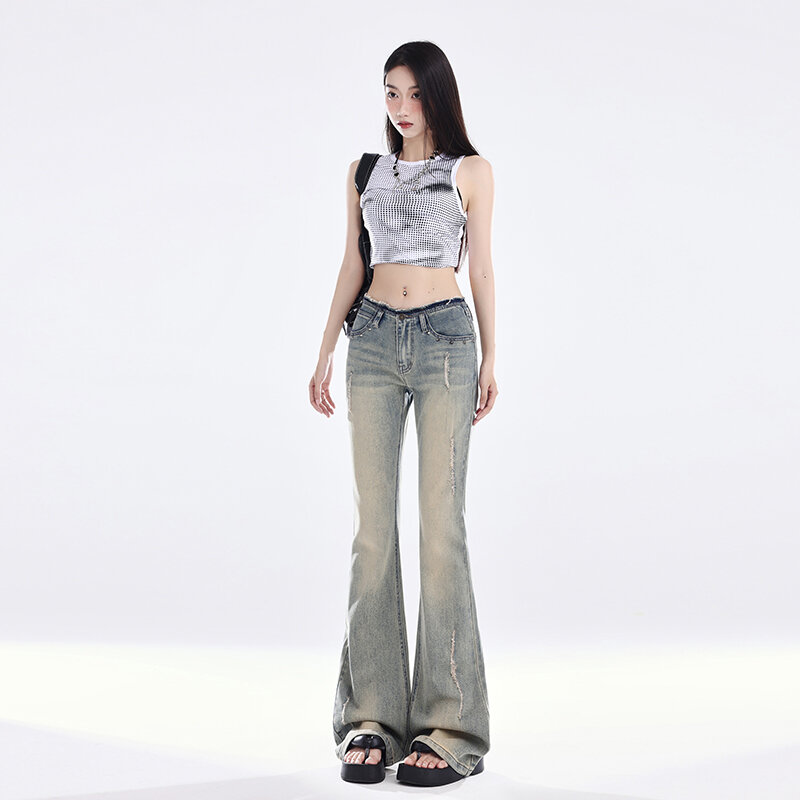 Женские винтажные джинсы-клеш, узкие облегающие джинсовые брюки с высокой талией в Корейском стиле, модель Y2K на лето