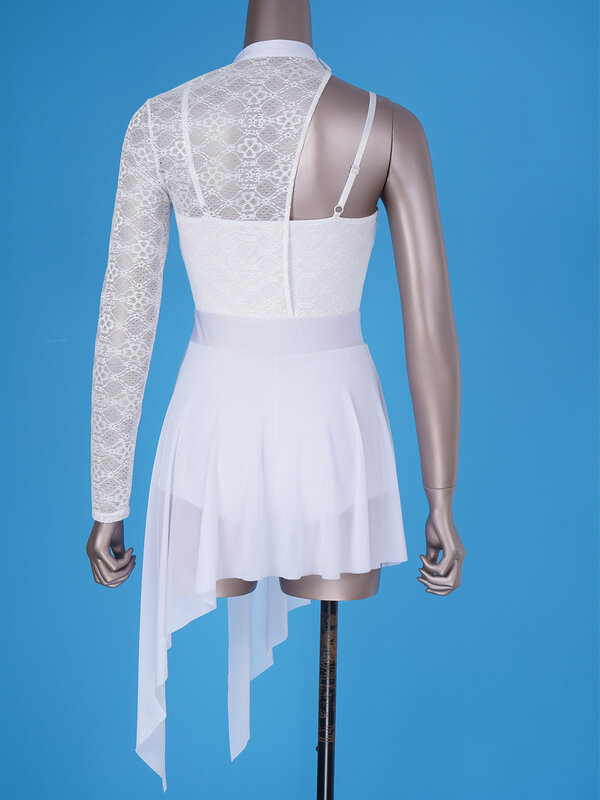 Womens Fashion Lace Patchwork One Shoulder Leotard Dress Split See-through Mesh Asymmetric Hem Dance Dresses