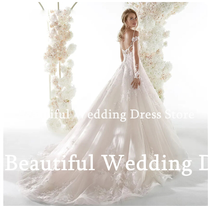 Charming Women Wedding Dress Off-Shoulder Long Sleeves Lace Appliques A-Line Tulle Floor-Lenth Bridal Gown Vestidos de novia
