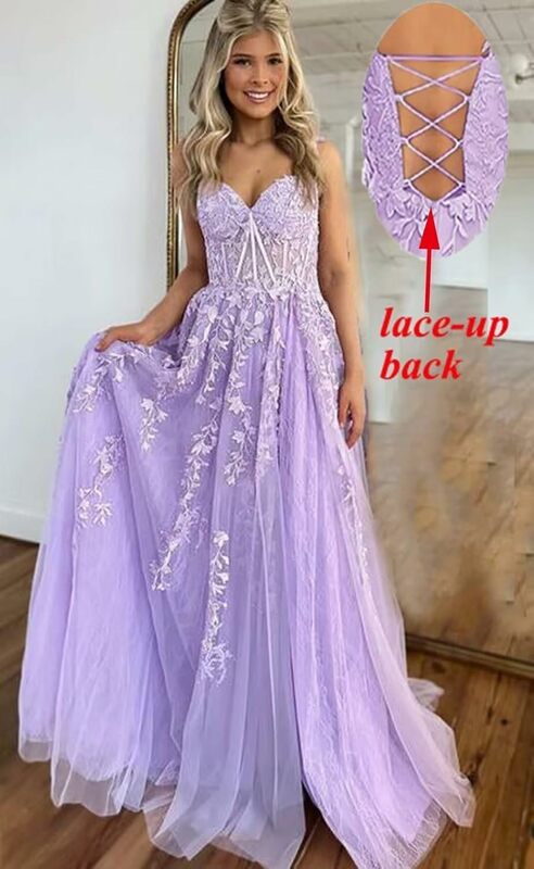 Gaun panjang Prom Tulle 2024, gaun malam Formal A-Line tali Spaghetti panjang dengan belahan renda, gaun koktail untuk wanita