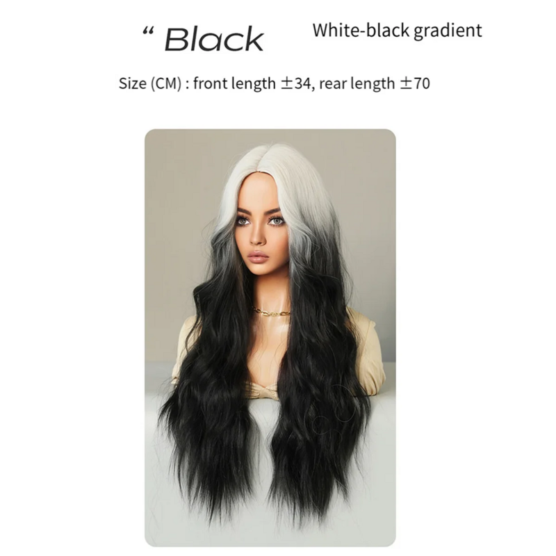 White Black Gradient 70cm Wig Female Long Curly Hair Center Parted Wig Bangs Water Ripple Chemical Fiber Wig