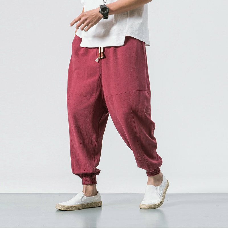 2023 Primavera oversize calças casuais homens streetwear linho de algodão harajuku corredores moda largas calças harém para homem