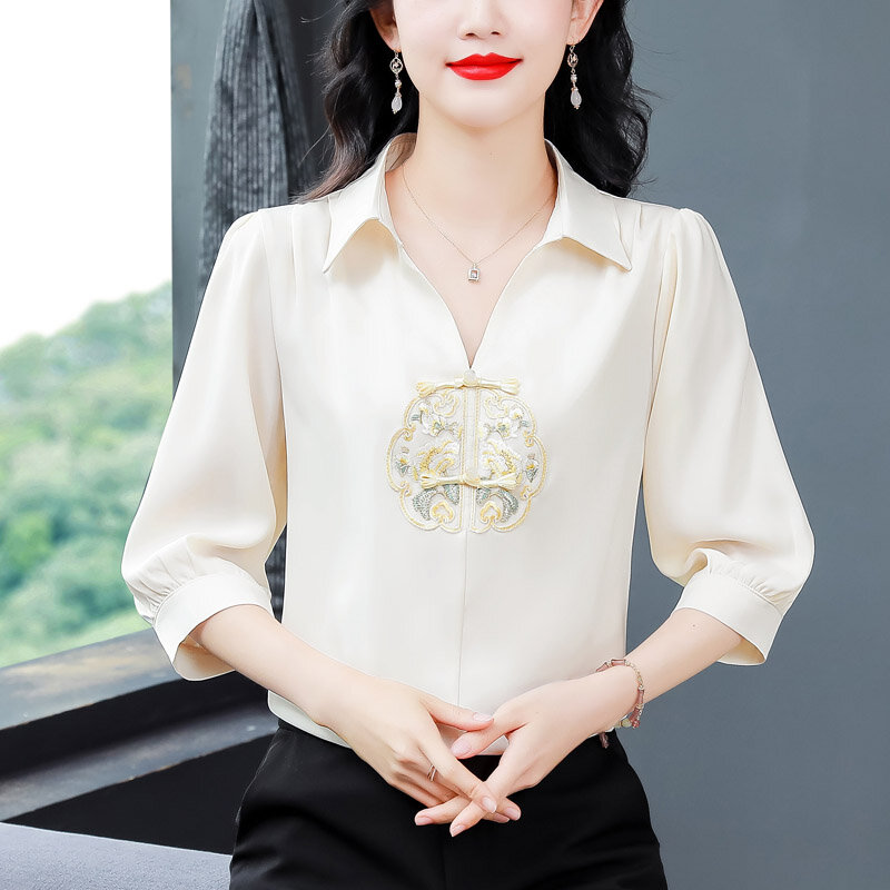 Blusa bordada de estilo chino para mujer, camisa elegante de gasa de manga corta con cuello vuelto, Color sólido, moda de verano