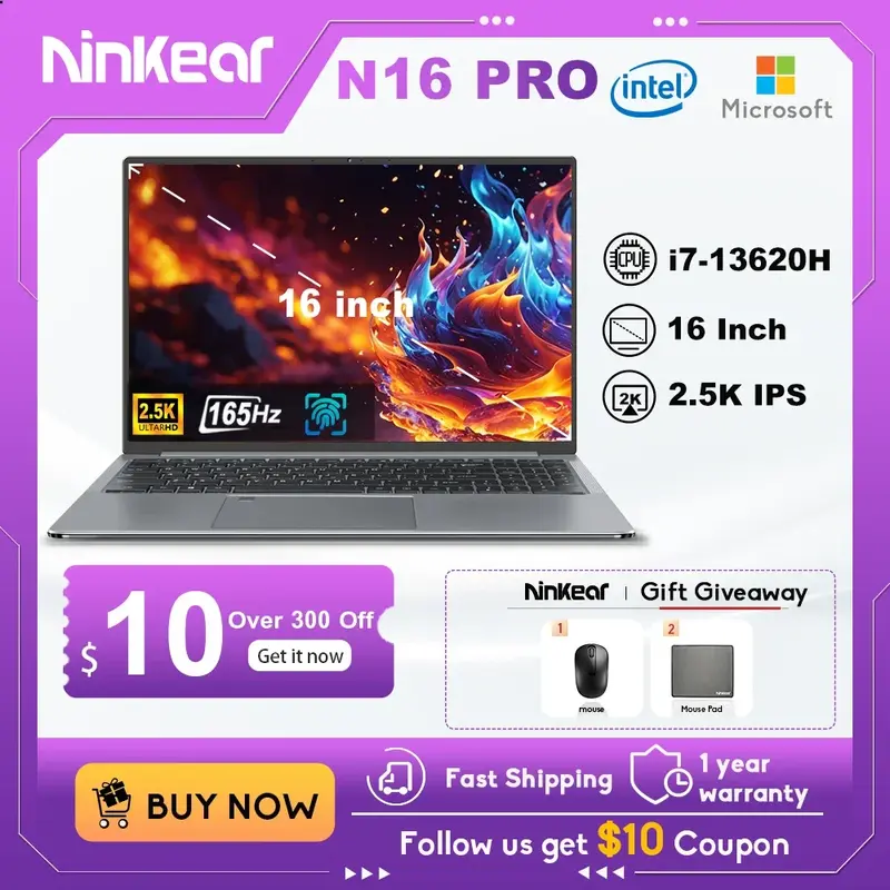 Ninkear N16 프로 노트북, 게임용 컴퓨터 노트북, 윈도우 11 노트북, 16 인치 인텔 코어 i7-13620H, 2.5K, 165Hz, WiFi 6, 32GB RAM, 1TB SSD