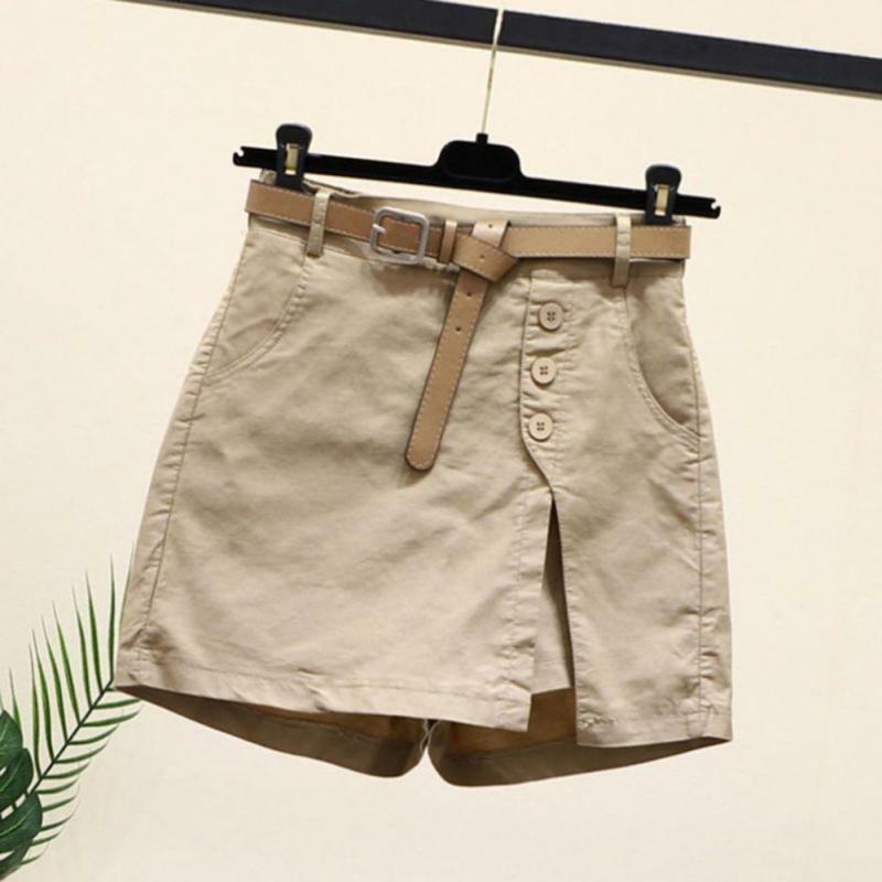 Shorts de saia de cintura alta feminino, bolsos laterais divididos, acima do joelho, feminino, verão
