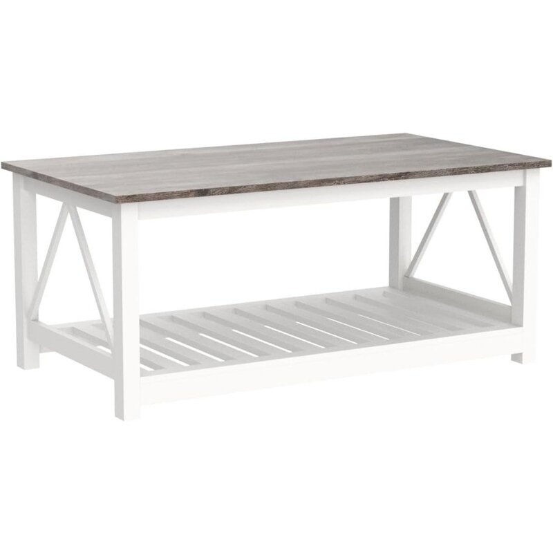 Farmhouse Coffee Table for Living Room, 2-Tier Rectangular Wooden Centre Cocktail Table with Slats Shelf Storage and V-Shaped Fr