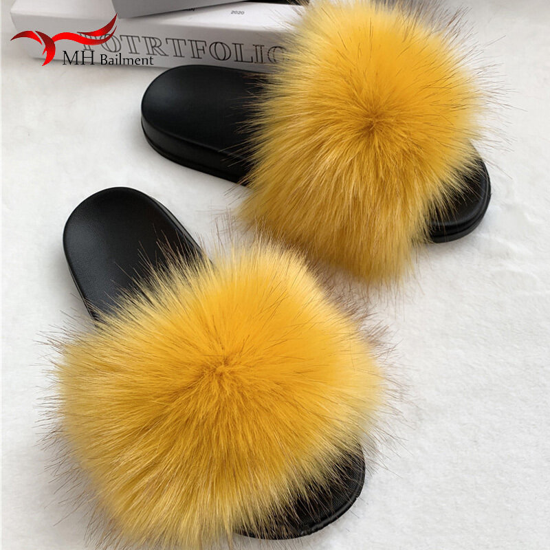 Faux Fur Slippers Women Soft Home Furry Fluffy Sandals Female Casual Flops Slides Winter Warm Flat Shoes Plus Size 36-45