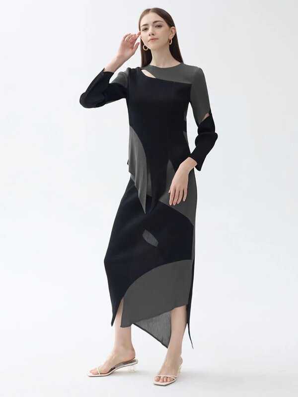 Miyake Pleated Contrast Color Two Piece Set Women's 2024 New Original Designer High Fashion Long Sleeve Top Irregular Skirt