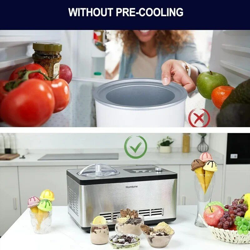 Homtone-máquina automática para hacer helados, sin precongelación, 2,1 cuartos, con compresor incorporado y temporizador LCD