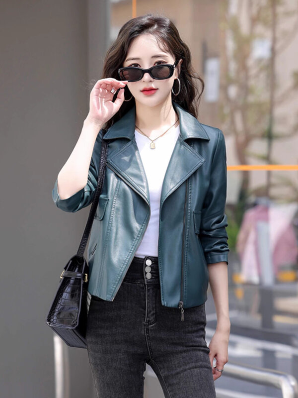 New Women Leather Jacket Spring Autumn Fashion Moto & Biker Style Turn-down Collar Split Leather Casual Loose Short Leather Coat