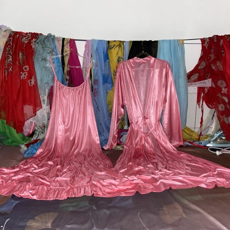 Gaun sutra dua sisi, gaun malam diperpanjang dua potong dengan tali bahu yang bisa disesuaikan, seksi, lembut, dan halus untuk