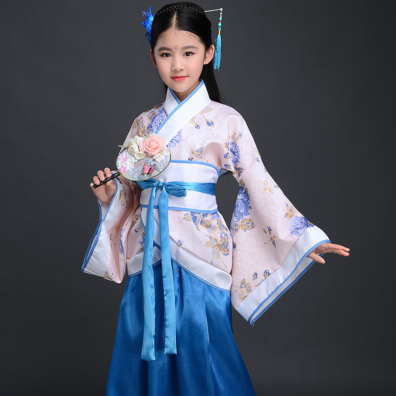 子供のための古代の衣装、女の子の漢服の衣装、qin王朝、パフォーマンスの衣装