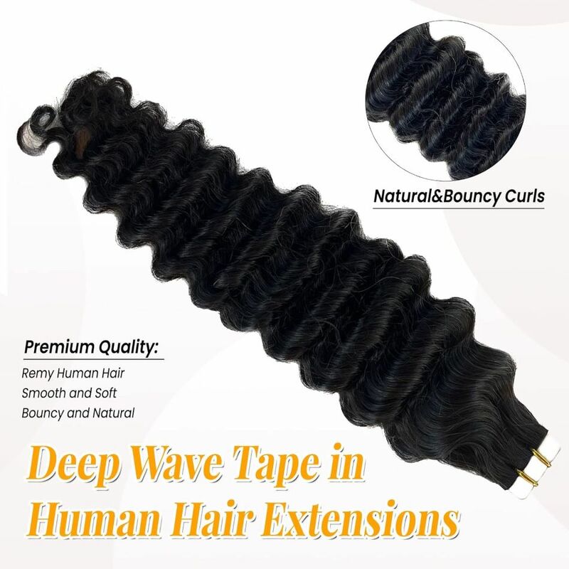 Extensiones de cinta de onda profunda, 100% cabello humano, extensiones de cabello rizado profundo, trama de piel, extensiones de cabello Natural Remy # 1B