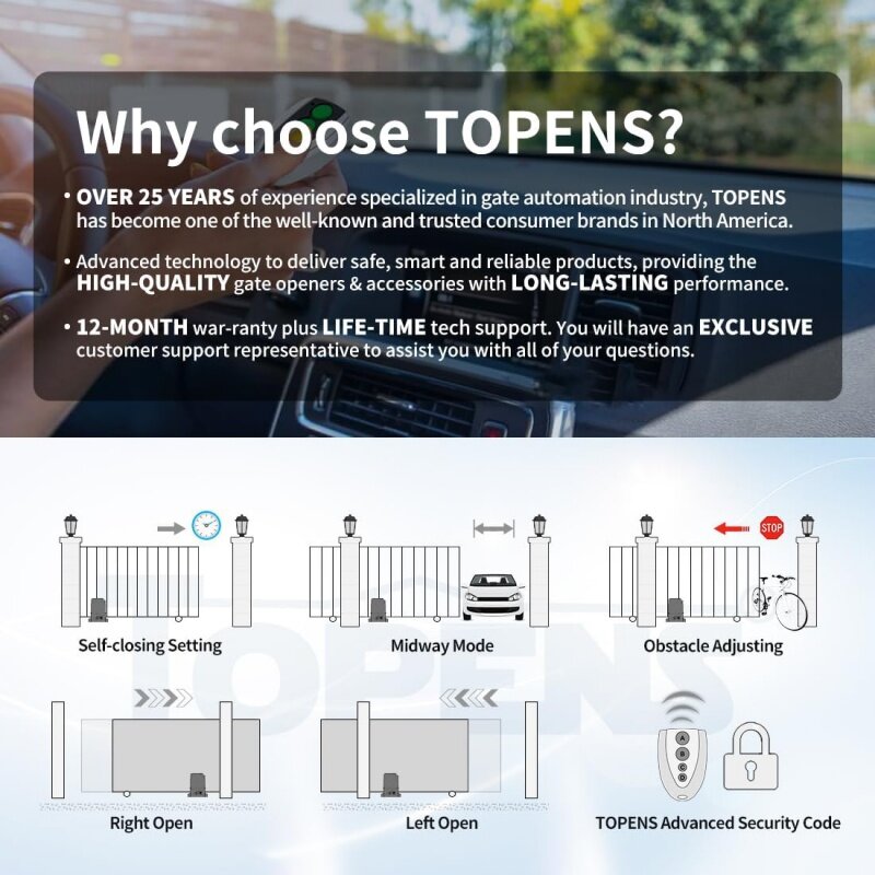 TOPENS RK990T Automatic Sliding Gate Opener Rack Drive Electric Gate Motor for Heavy Driveway Slide Gates Up to 2200 Pounds, Sec
