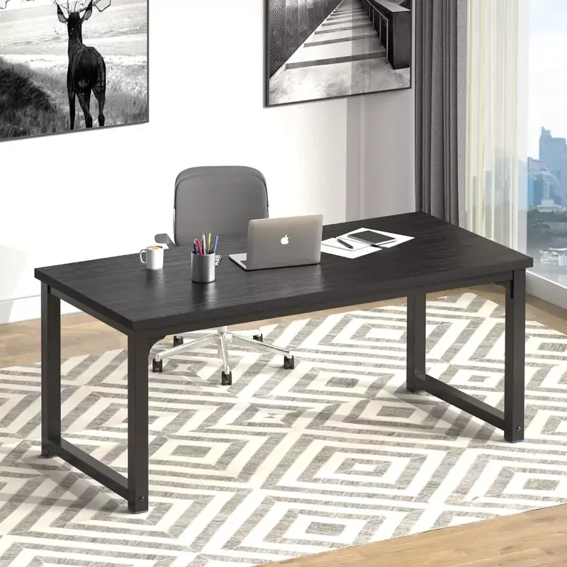 63-calowe biurko komputerowe, nowoczesny styl minimalistyczny biurko, szeroka stacja robocza, drewniany pulpit o grubości 1 cala i czarna metalowa rama, czarny