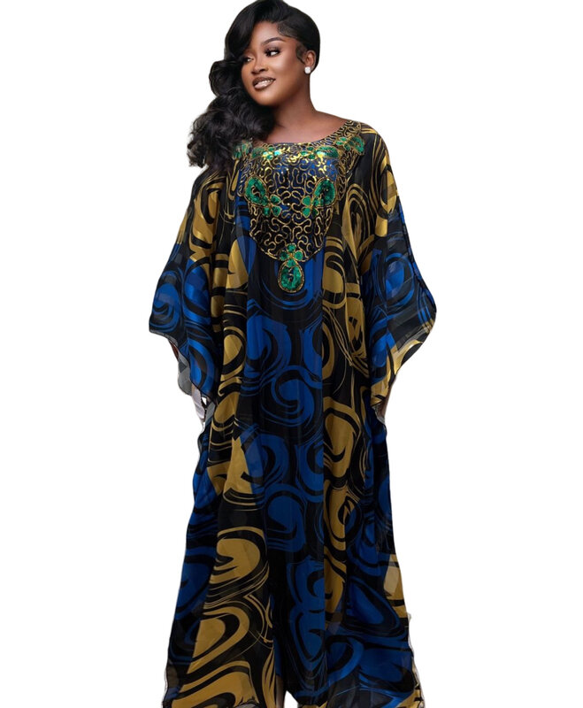 2023 New Middle East Muslim Beaded Sequin Printed Long Robe African Women's Dress Women 003#