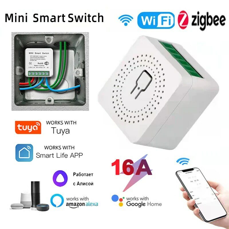 16A Tuya Ewelink Zigbee Mini WIFI saklar lampu pintar DIY pengendali jarak jauh 2 arah Breaker dengan Alexa Alice Google Home kehidupan pintar