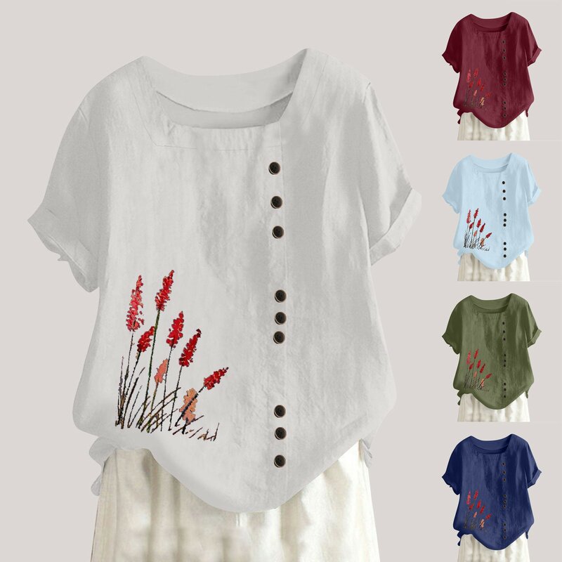 Summer New Fashion Cotton Linen T-shirt Women Loose Casual Print Tops Ladies Comfortable Short Sleeve All-match Tees