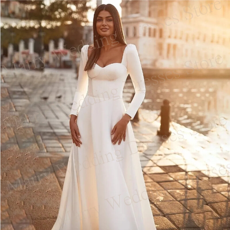 Boho Fashionable Simple Wedding Dresses Square Collar Satin Full Sleeve For Women Backless A Line Bride Gowns Formal Occasion