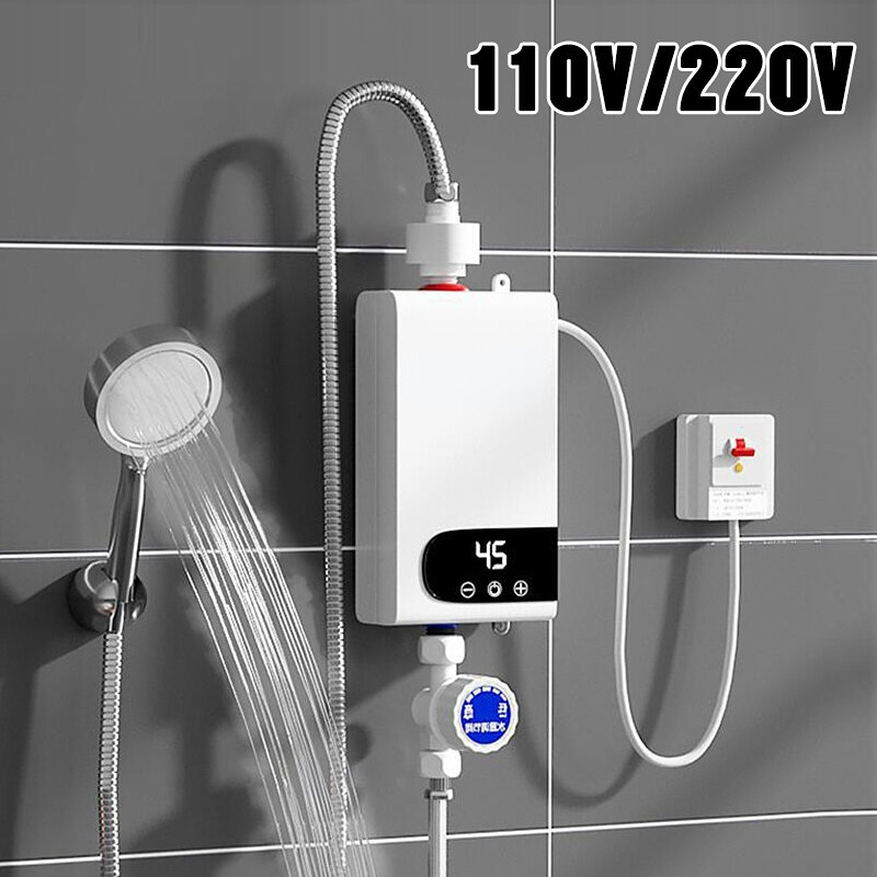 Pemanas air instan Mini, pemanas air listrik pemasangan dinding 220V 110V dengan tampilan suhu LCD dengan Set Pancuran Mandi