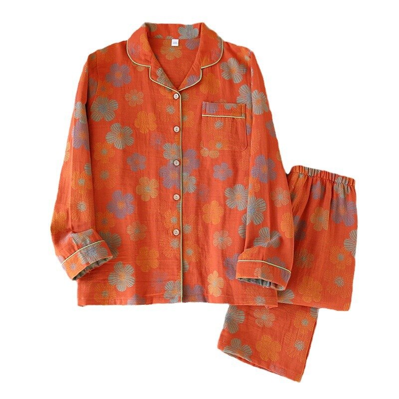 Spring / Autumn Cotton Gauze Pajamas Women's Long Sleeved Pants Loungewear Woven Jacquard Thin Loose Countryside Home Clothing