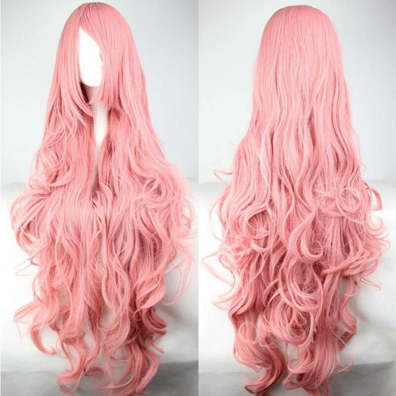 女性のためのピンクの長い巻き毛ウィッグ,ふわふわのヘアピース,合成かつら,耐熱性,100cm