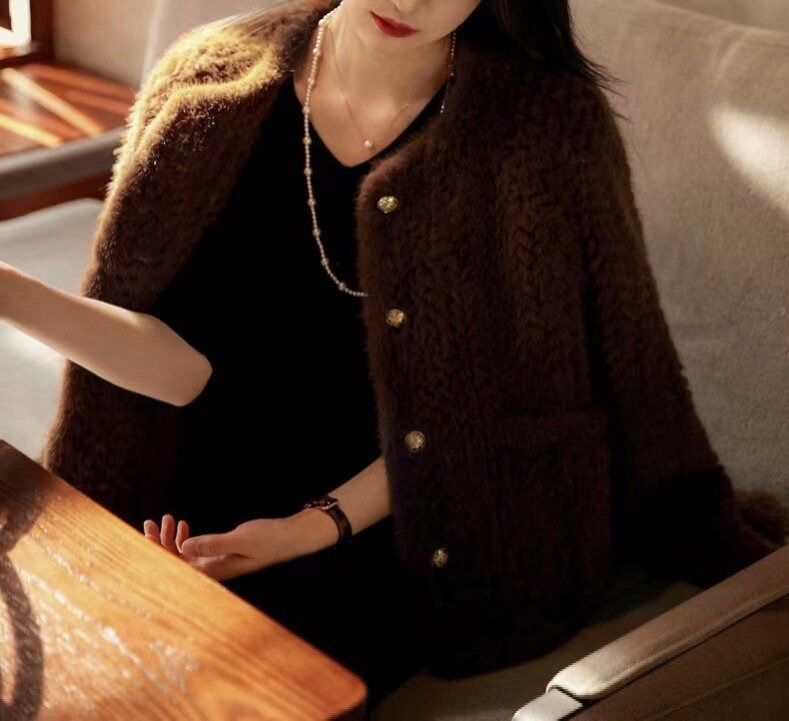 2024 Winter New Arrival Women Knitted Genuine Mink Fur Coat