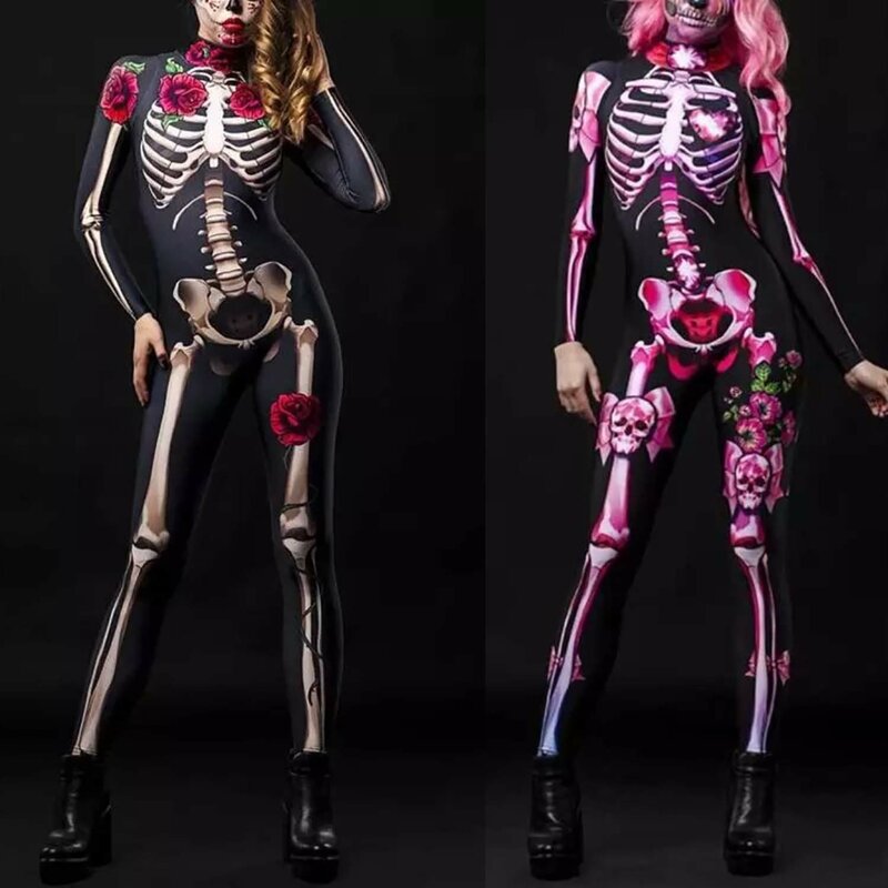 Dorosła kobieta przerażające przyjęcie dzień śmierci kombinezon szkielet diabeł kostium