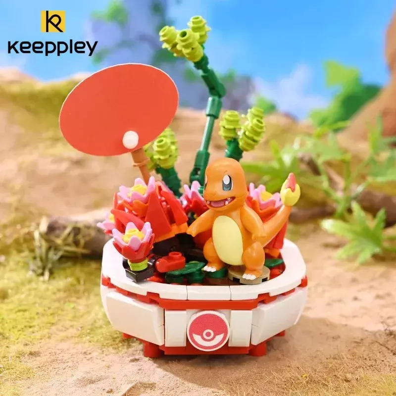 Keeppley-bloques de construcción de Pokémon, juguete de modelo de Pikachu Charmander Squirtle, planta de decoración del hogar, flor en maceta, juguete de ladrillo, regalo para niños