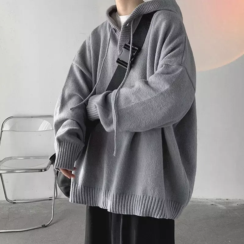 Sweter z kapturem męska luźny, szykowny zimowa bezczynna Retro dzianina odzież wierzchnia w jednolitym kolorze nastolatków 2023 modna odzież ciepłe męskie
