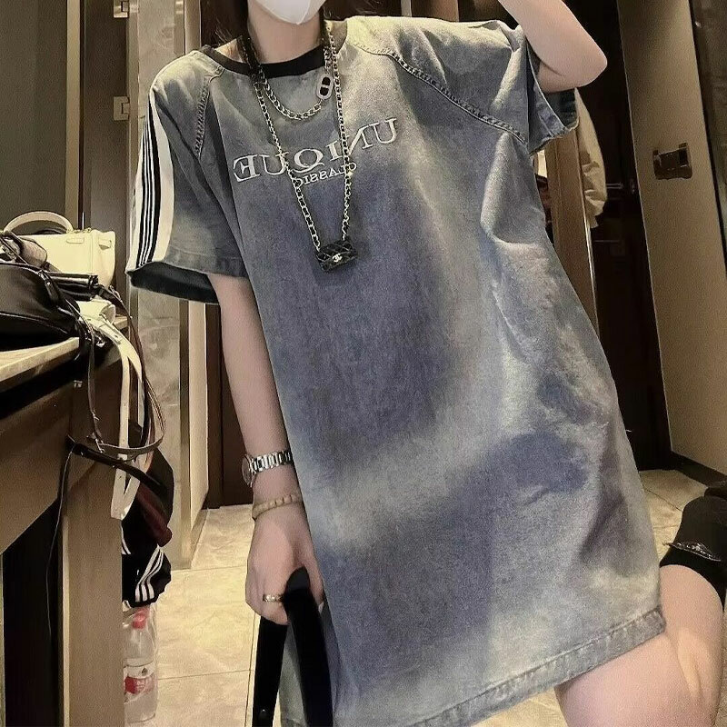 Sommer Vintage Distressed Kleider Mode Brief Stickerei Streetwear Damen bekleidung lässig gerade koreanische lose Mini kleid