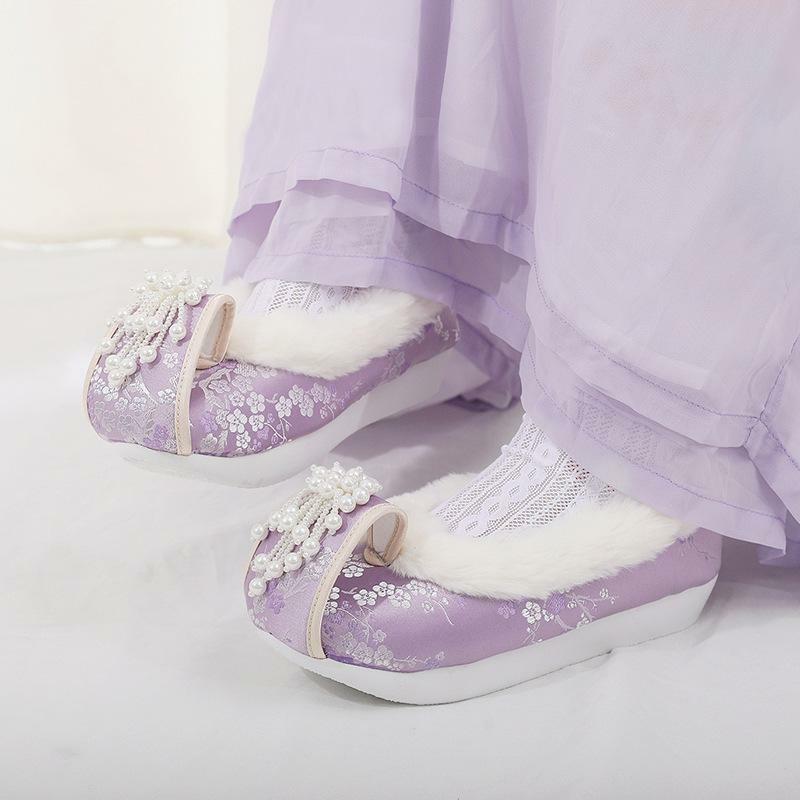 1 Pair Women Chinese Style Antique Tassel Beaded Hanfu Shoes Exquisite Plum Blossom Print Decoration Winter Plush Shoes