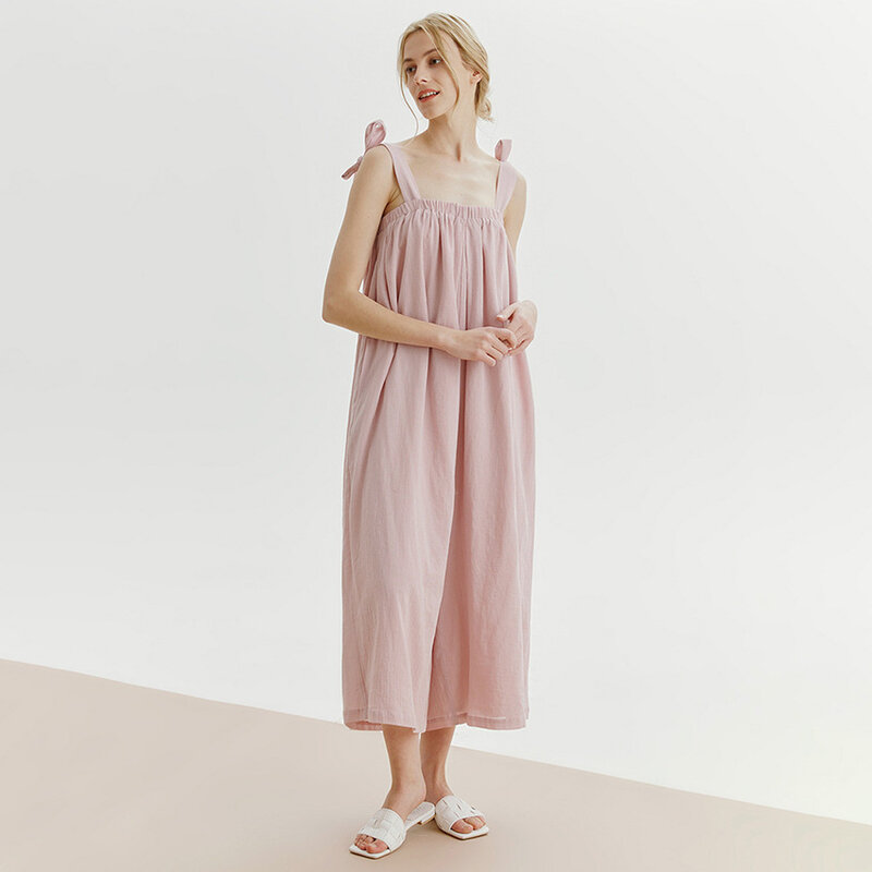 Letnia damska piżama jednoczęściowa 100% bawełniana różowy pasek moda koszula nocna bez rękawów bez pleców regulowana zakładka nocna
