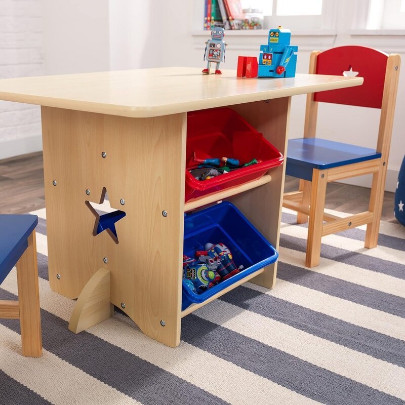 Conjunto de mesa e cadeira de madeira com 4 caixas de armazenamento, mobiliário infantil vermelho, azul, natural