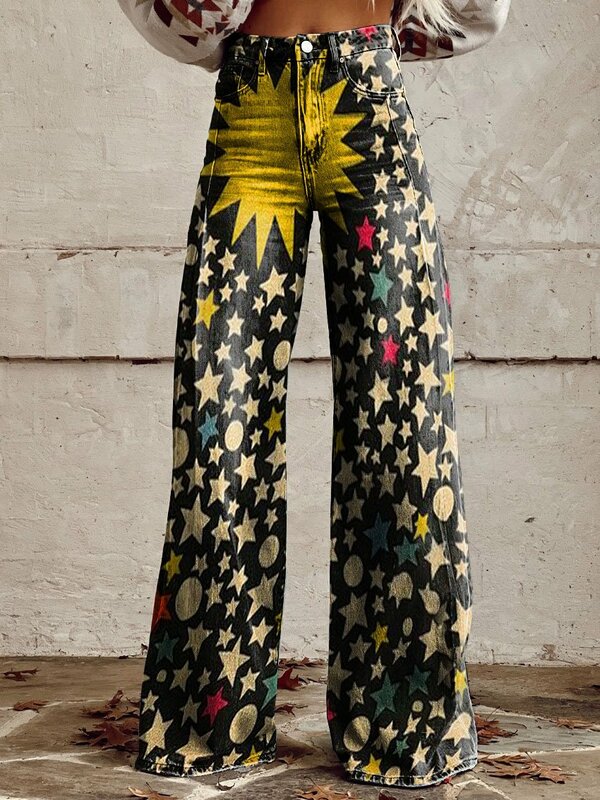 Pantalon à jambes larges pour femmes, motif étoile 3D rétro, adapté aux achats quotidiens, pantalon décontracté à la mode